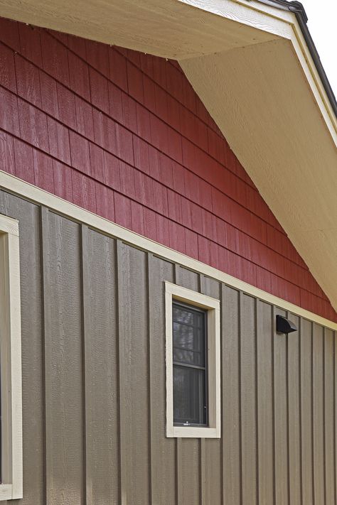 LP SmartSide Seal Diamond Kote Board and Batten Siding with LP SmartSide Cinnabar Diamond Kote Shake Siding Lp Board And Batten Siding, Farmhouse Siding Colors, Mixing Siding Styles, Board And Batten Siding With Shakes, Lp Smartside Board And Batten, Houses With Board And Batten Siding, Board And Batten Exterior Colors, Red Siding House Exterior, Vinyl Board And Batten Siding