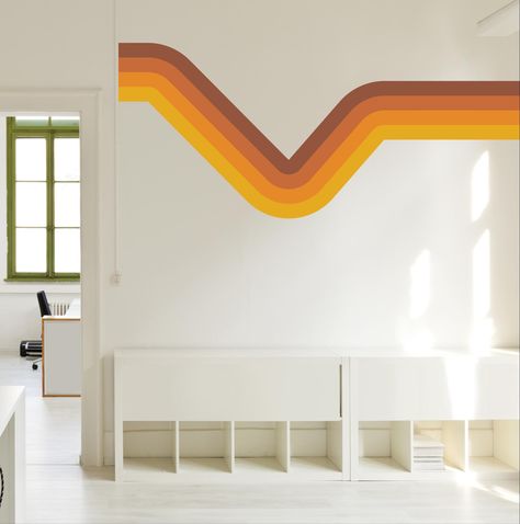 Choose from a range of color and size options to perfectly complement your existing decor. Whether you're creating a retro-themed room or adding a funky accent to your walls, our 70's Inspired Retro Wall Decal will transport you back in time with its vibrant orange and brown hues. Unleash your inner disco spirit and bring a retro flair to your home decor today! {MATERIAL OPTIONS} Peel and Stick Fabric Material--   This type of decal is made from a canvas fabric-like material that allows for effo 70s Lines On Wall, 70s Stripe Wall Mural, Graphic Wall Design, 70s Stripe Wall, Retro Accent Wall, Retro Mural, Striped Accent Walls, Stripe Wall, Living Room Classic