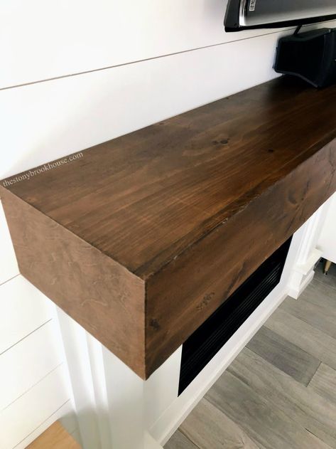 Faux Wood Beam Mantel Attached Beam Fireplace Mantle, Diy Built In Shelves, Faux Farmhouse, Minwax Provincial, Beam Mantel, Diy Fireplace Mantel, Wood Mantle, Fireplace Beam, Wood Adhesive