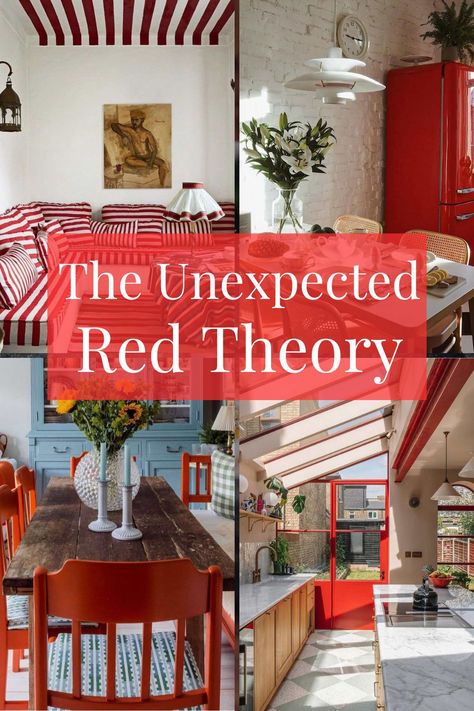 "The Unexpected Red Theory" in home design. Home Decor With Red Accents, Pop Of Red Living Room, Red Home Accents, Red Cabinet Living Room, Unexpected Red Interior Design, Red Color Theory, Blue Red Interior Design, Interior Design Red Accents, Pop Of Red Decor