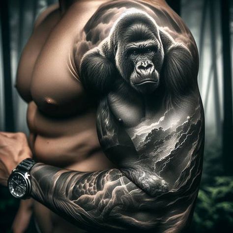 Jungle Tattoo, Fire Fighter Tattoos, Viking Tattoo Sleeve, Bear Tattoo Designs, Animal Sleeve Tattoo, Gorilla Tattoo, Monkey Tattoos, Silverback Gorilla, Epic Tattoo