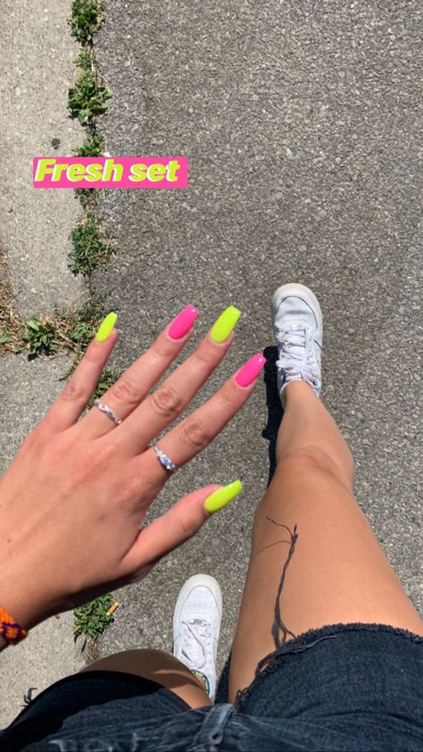 Cute Neon Pink Nails, Neon Pink And Yellow Nails Acrylic, Neon And Pink Nails, Pink And Neon Nails, Yellow And Hot Pink Nails, Neon Nails Pink And Yellow, Hot Pink And Yellow Nails Summer, Neon Pink And Yellow Nails Art Designs, Nail Green And Pink