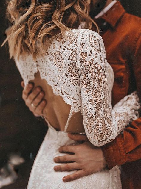 Beach Open Back Boho Wedding Dresses A-Line V Neck Long Sleeve Court Train Lace Bridal Gowns With Solid Color 2024 2024 - $239.99 Lace Top Wedding, Outdoor Wedding Dress, V Neck Wedding Dress, White Long Sleeve Dress, Wedding Dress Fabrics, Bohemian Wedding Dress, Long White Dress, Lace Bridal Gown, Wedding Boho