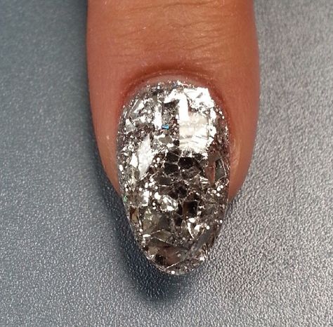 Silver foil nails Silver Foil Nail Art, Silver Foil Nails, Plastic Wrap Nails, Wrap Nails, Foil Nail Art, February Nails, Silver Paper, Night Court, Nail Stuff