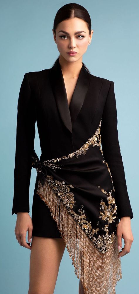 Black Wool Dress, Black Blazer Dress, Prom Outfit, Ralph Russo, Tuxedo Dress, Gold Crystal, Looks Chic, Wool Dress, Blazer Dress