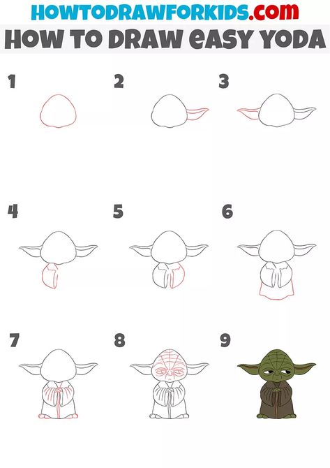 Yoda Cartoon Drawing Easy, Yoda Doodle Easy, Yoda Easy Drawing, Star Wars Drawings Easy Step By Step, Easy Starwars Drawing, How To Draw Star Wars Characters, Yoda Painting Easy, Yoda Drawing Simple, Star Wars Easy Drawing