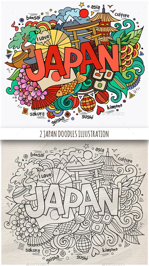 2 Japan Doodles Designs Japanese Art Doodle, Japan Drawing Ideas, Doodle Colorful Art, Japanese Festival Drawing, Japan Doodle Art, Background Doodle Art, Japanese Doodle Art, Japanese Drawing Ideas, Doodle Art With Color