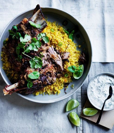 Our twelve-hour Indian-spiced lamb shoulder with saffron pilaf proves that slow-cooked and steady wins the race. Slow Cooked Lamb Leg, Xmas Menu, Spiced Lamb, Pilaf Recipe, Slow Roast Lamb, Pilaf Recipes, Indian Dinner, Lamb Shoulder, Slow Cooked Lamb