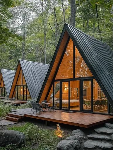 ↑↑↑ Larger size on website 🔸 A modern A-frame cabin with black metal roofing sits nestled in a lush forest. The cabin features la A Frame With Addition, Cottage In Mountains, Alaska Hotel, Aframe Cabins, Small A Frame Cabin, Cabin House Design, Modern A Frame Cabin, Modern A Frame, Black Metal Roof