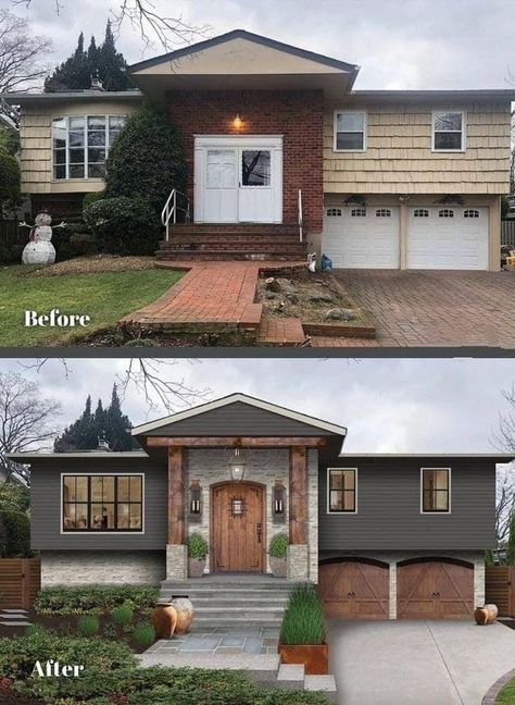 Before & After House Exterior Before And After, Split Level Remodel Exterior, Split Level Remodel, Painted Brick House, House Before And After, Office Gadgets, Red Brick House, Exterior Remodel, Wood Siding