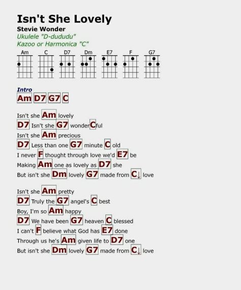 Isn't she lovely by Stevie Wonder Ukulele Songs Popular Easy, Ukulele Songs Popular, Ukulele Fingerpicking Songs, Ukulele Tabs Songs, Ukelele Chords Ukulele Songs, Ukulele Songs Beginner, Easy Ukulele Songs, Ukulele Chords Chart, Ukulele Chords Songs