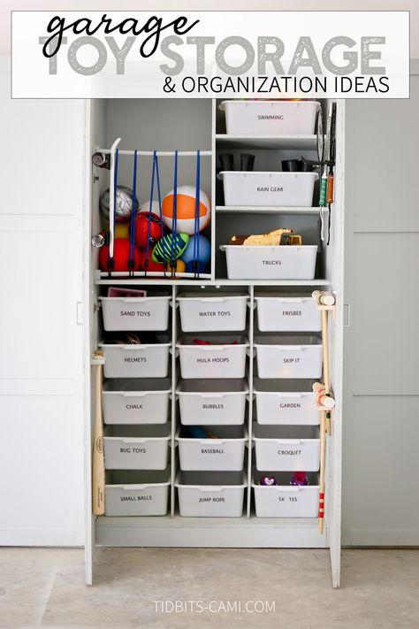 Garage toy storage and organization ideas - contain all those outdoor toys with these brilliant ideas! #camitidbits #garage #garageorganization #organization #outdoortoys #kidstoys #toyorganization #cabinet #garagecabinet Kids Backpack Storage, Garage Toy Storage, Organisation Garage, Outdoor Toy Storage, Small Bedroom Storage, Toy Storage Solutions, Toy Storage Organization, Outdoor Toys For Kids, Organized Storage