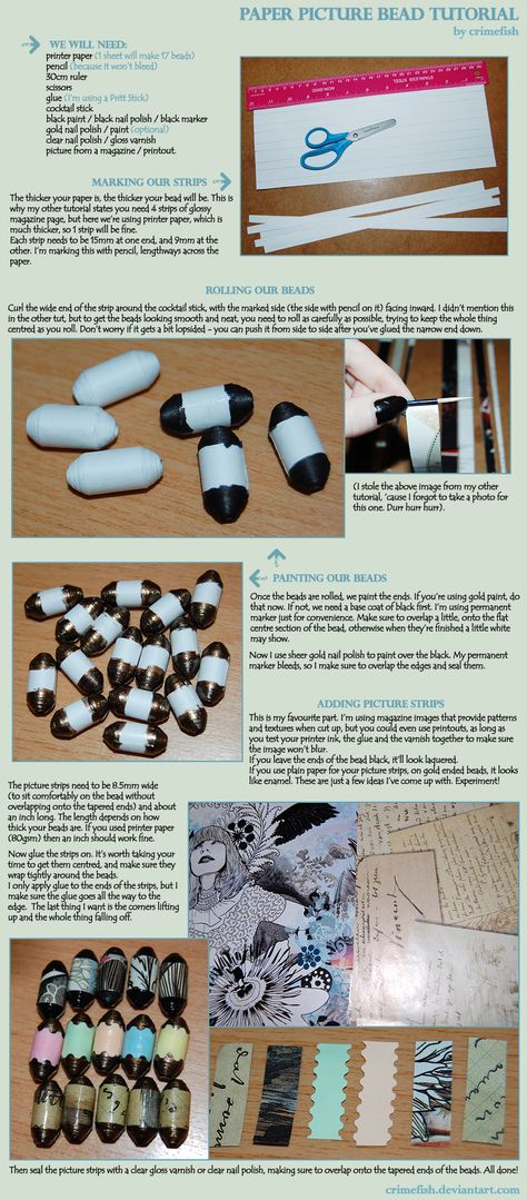 Paper Picture Bead Tutorial by ~Crimefish on deviantART Charm Bracelet Tutorial, Paper Beads Tutorial, Paper Beads Diy, Bible Bookmarks, Paper Picture, Make Paper Beads, Make Jewellery, Bead Tutorials, Paper Bead Jewelry