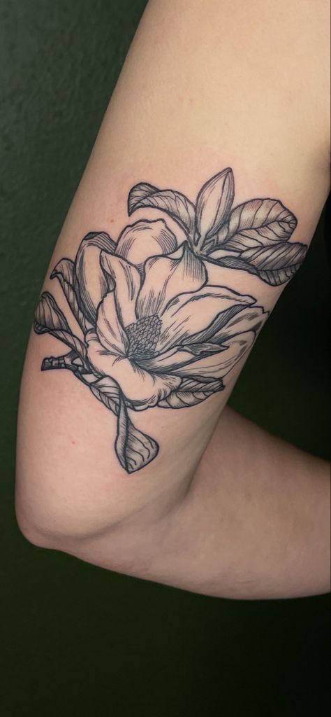 Steel Magnolias Tattoo, Magnolia Tattoo Traditional, Southern Magnolia Tattoo, Magnolia Branch Tattoo, Small Magnolia Tattoo, Black Line Work Tattoo, Magnolia Tree Tattoo, Magnolia Tattoo Design, Magnolia Flower Tattoo