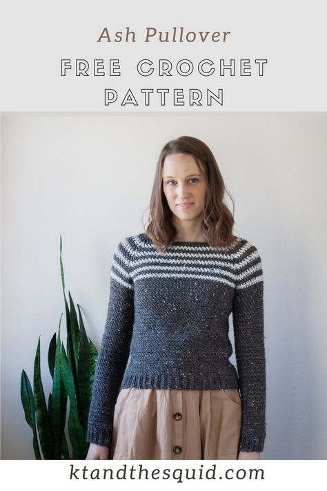 Ash Pullover Free Crochet Pattern - KT and the Squid Sweater Pattern Free, Top Down Sweater, Pullover Crochet, Crochet Sweater Design, Crochet Sweater Free, Crochet Pattern Instructions, Foundation Single Crochet, Baby Frock Pattern, Crochet Sweater Pattern Free