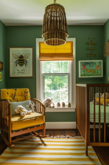 Dream Themed Nursery, Penelope Nursery, Bee Theme Nursery, Garden Baby Nursery, Bee Nursery Ideas, Nursery In Parents Room, Fun Nursery Ideas, Green And Yellow Nursery, Colorful Nursery Ideas