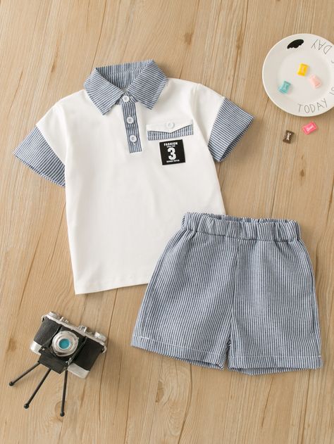 Multicolor Sporty  Short Sleeve Polyester Letter,Striped  Embellished Slight Stretch Summer Toddler Boys Clothing Toddler Boy Summer Outfits, Boys Clothes Patterns, Boys Summer Fashion, Baby Boy T Shirt, Toddler Designer Clothes, School Uniform Kids, Baby Boy Shirts, Baby Boy Summer, Baby Boy Dress