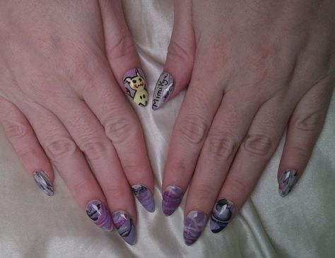 Mimikyu Nails with Pokédex number and glow in the dark accents! Mimikyu Nails, In The Dark, Glow In The Dark, Nails