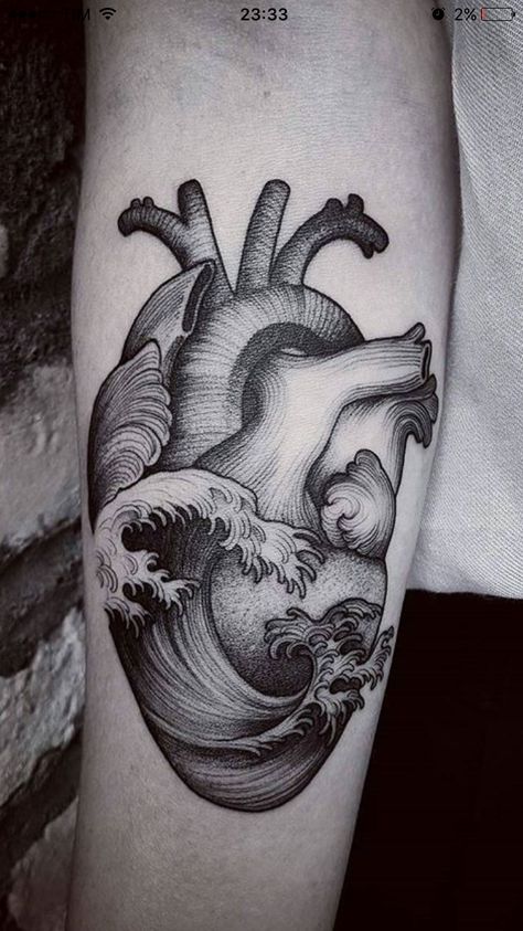 Actual Heart Tattoo, Wave Heart Tattoo, Anatomical Heart Tattoo Designs, Heart Tattoo Designs For Men, Mandala Hip Tattoo, Human Heart Tattoo, Chris Tattoo, Realistic Heart Tattoo, Heart Flower Tattoo