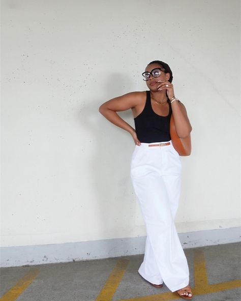 Black racer back bodysuit
White wide leg pants
tan fashion belt
tan sandals
cognac shoudler purse
black framed glasses White Wide Leg Pants, Minimalist Chic, Night Out Outfit, Office Outfits, Wide Leg Jeans, New Outfits, Wide Leg Pants, Casual Chic, Work Outfit