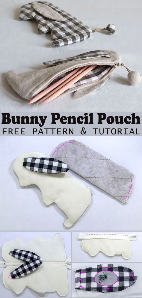 Bunny Pencil Pouch Tutorial Bunny Bag Pattern Free, Diy Pencil Case Pattern, Pencil Pouch Tutorial, Diy Pencil Pouch, Pencil Case Diy, Pencil Pouch Diy, Animal Pencil Case, Roll Up Pencil Case, Pencil Case Pattern