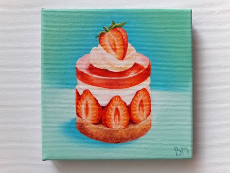 - Strawberries and Cream Cake ©Myroslava Voloschuk, All Rights Reserved Thank you for not copying or duplicating my artwork. - Miniature, size 5 x 5 inches, painted with oil paints on canvas.  - It's not a print! Completely hand-painted.  - Author's painting by the artist Voloschuk. - Appetizing pastry with strawberries!  - A great gift for a sweet tooth or pastry chef!  - Great decor of the kitchen or cafe, pastry shop.  - It can be an illustration of the menu in the confectionery!  - A cute li Strawberries And Cream Cake, Cake Mini, Canvas Oil Painting, Canvas Painting Designs, Fruit Painting, Painted Cakes, Pastry Shop, Food Drawing, Mini Canvas