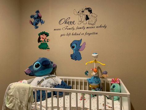 Lilo & Stitch nursery Lilo And Stitch Themed Nursery, Stitch Theme Nursery, Disney Themed Baby Room, Lilo And Stitch Themed Bedroom, Stitch Room Ideas For Kids, Stitch Themed Nursery, Stitch Themed Room, Lilo And Stitch Nursery Ideas, Stitch Nursery Ideas