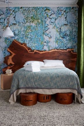 DECORATING TREND: ROUGH CUT | Livingetc Timber Headboard Master Bedrooms, Raw Wood Headboard, Wood Wallpaper Bedroom, Live Edge Headboard, Interesting Homes, Beach Bedding Sets, Oak Headboard, Sophisticated Man, Living Etc