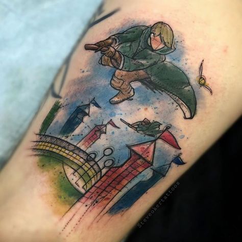 Harry Potter Quidditch Tattoo, Quidditch Tattoo, Tattoo Wizard, Quidditch Pitch, Hogwarts Tattoo, Potter Tattoo, Harry Potter Quidditch, Harry Potter Tattoo, Tattoo On