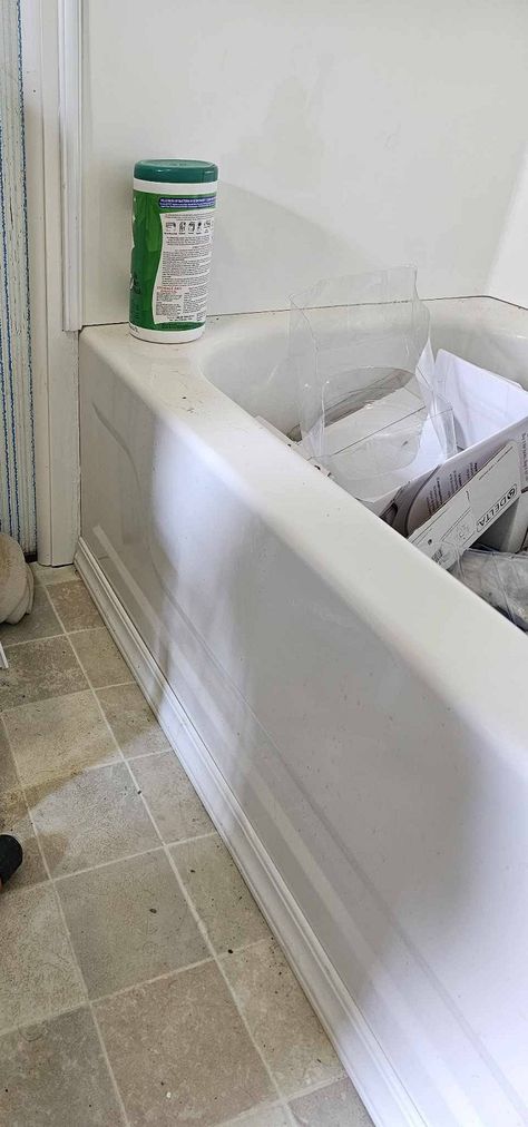 The wall had an overhangso the trim needed something to cover the gap. Also used quarter round bc trim had to be shimmed to sit flush with surround. Bathtub Skirt, Tub Skirt, Bathtub Tile, Pvc Trim, Diy Home Repair, Renter Friendly, Diy Bath Products, Home Repair, The Gap