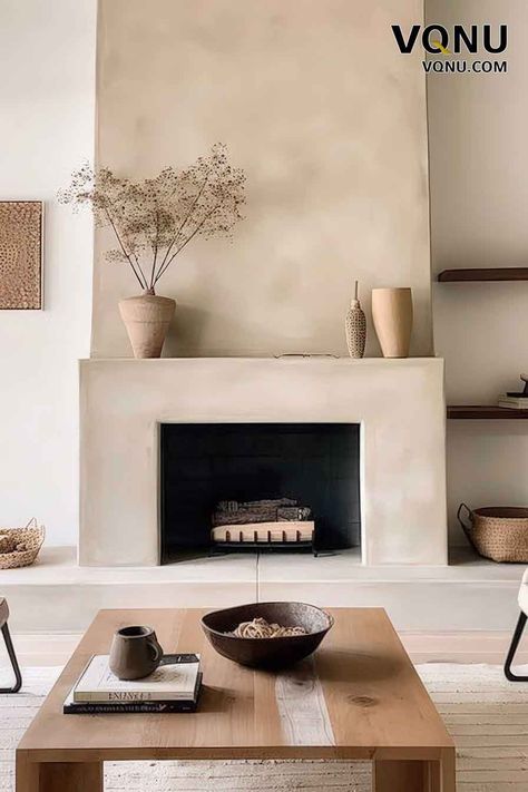 Wabi Sabi Fireplace Decor, Minimalist Fireplace Ideas, Modern Mediterranean Fireplace, Modern Organic Fireplace, Fireplace Minimal, Japandi Fireplace, Fireplace Minimalist, Limewash Fireplace, Minimal Fireplace