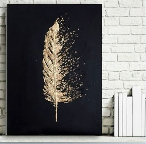 Black And Gold Painting, Wall Frame Ideas, Media Wall Decor, Wall Clock Ideas, Textured Acrylic Painting, Painting Gold Leaf, Wall Art Textured, Gold Art Painting, Sculpture Wall Art