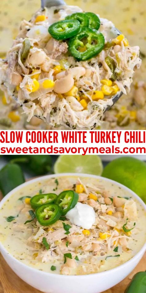 Easy Leftover Turkey Recipes, White Turkey Chili, Turkey Chili Crockpot, Shredded Turkey, Crockpot Turkey, Savory Meals, Crockpot Chili, Chili Soup, Leftover Turkey Recipes