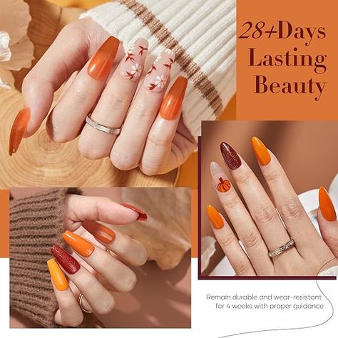 🍂2023 Fall Gel Nail Polish Kit with 6 of the most iconic and trendsetting colors - Pumpkin Orange, Carrot Orange, Glitter Red, Color Changing Orange, Maroon Brown, Dark Purple. Is the time of colorful foliage, crisp air, the first frost, and pumpkin spice. Fall Gel Nail Polish, Color Changing Gel Polish, Fall Nail Polish, Nail Soak, Nail Drawing, Fall Gel Nails, Nail Polish Kits, Nail Polish Set, Gel Nail Polish Set