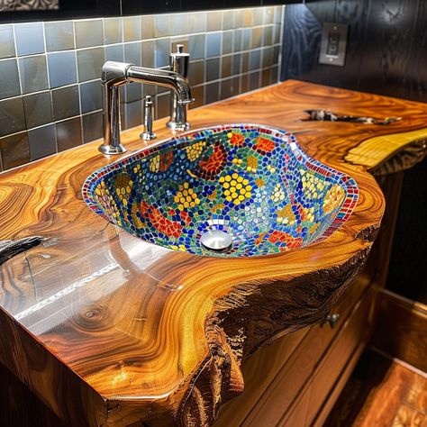 Introducing our breathtaking live edge sink, a fusion of organic beauty and artistic flair. Crafted from natural wood, its live edge design exudes rustic charm, while inside, a vibrant mosaic of colors dances beneath the surface, transforming mundane tasks into moments of joy. Each piece is a testament to the marriage of nature and artistry, elevating any space with its unique allure and functionality. Experience the essence of luxury with our live edge sink, where functionality meets artisti... Mosaic Sink Diy, Live Edge Sink, Mosaic Sink, Live Edge Design, Jungle Cruise, Beneath The Surface, Edge Design, Organic Beauty, Live Edge