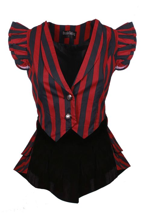 Remis en stock / Back in stock: Short black and red striped tailcoat jacket lace-up on the back gothic  Prix: 42.90  #new #nouveau #japanattitude #waistcoats #cardigans #gilets #vestons #gothique #gothic #elegant #aristocrat #burlesque #jacket #long #open #buttons #red #frilly #laceup #striped #black #tailcoat #victorian #draculaclothing #vest #lace-up Ringleader Outfit Male, Magenta Costume, Dracula Clothing, Clown Clothes, Carnival Dress, Circus Costume, Steampunk Costume, Jacket Long, Goth Outfits