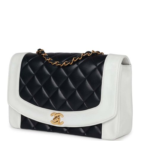 This Vintage Small Diana flap bag is in navy and white lambskin leather with gold plated hardware, front flap with CC turnlock closure, and interwoven gold plated chain link and navy leather shoulder/crossbody strap The interior is lined in navy leather with one slip pocket and one zip pocket on back wall. Collection: 2-series (1991-1994)Origin: FranceCondition: Vintage; Excellent to Mint - this bag retains its structure. There are light signs of wear on the exterior leather. The interior is cle Card Measurements, Bag Chanel, Navy Leather, Chanel Bags, Sierra Leone, Vintage Chanel, Gold Plated Chains, Flap Bag, White Bag