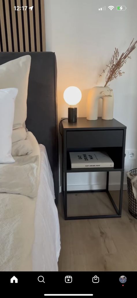 Dark Grey Nightstand Bedroom, Mens Bedroom Nightstands, Grey Bed With Black Nightstand, Metal Bed Side Table Ideas, Black Bed Side Table Ideas, Night Stand Minimalist, Grey Bed Black Nightstand, Dark Grey Bed Frame Room Ideas, Black Side Tables Bedroom