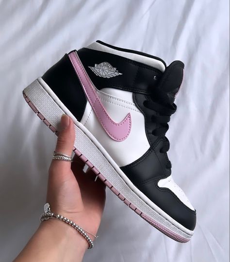 Arctic Pink Jordan 1, Jordan 1 Pink, Jordan 1 Mids, Pink Jordans, Jordan 1 Mid, Pink Lace, Jordan 1, Jordan, Sneakers