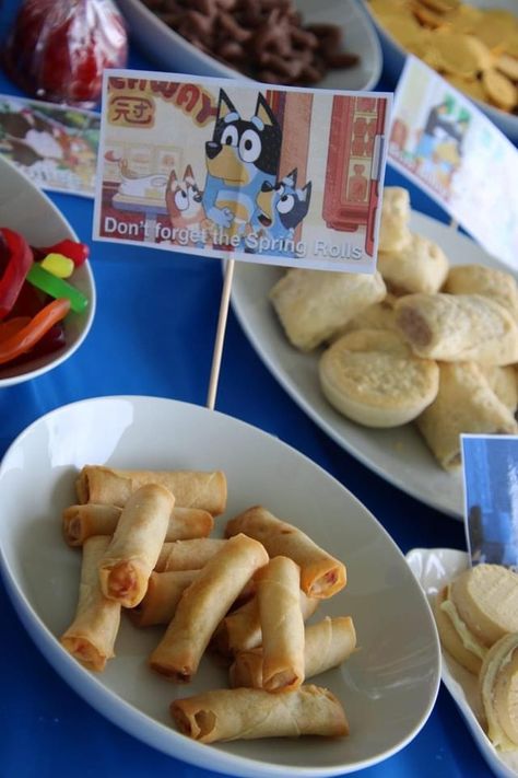 Bluey Bingo Birthday Party Food, Bluey Themed Dinner, Bluey Birthday Snack Ideas, Third Birthday Bluey, Bluey Themed Birthday Party Food Ideas, Bluey Themed First Birthday Party, Wackadoo Bluey Birthday, Bluey Themed Snacks, Second Birthday Bluey