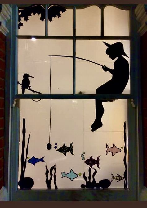 boy fishing in pond silhouette in forest setting with woodpecker, fish and pond weed Window Decoration Ideas For School, Summer Window Art, Summer Window Painting, School Window Decorations, Window Art Ideas, Window Stencils, Classroom Window Decorations, Window Seat Ideas, Art Deco Window