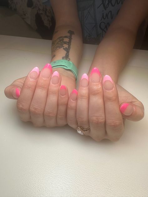 Cute Almond French Tips, Light Pink Hot Pink Nails, Multi Colored Pink French Tip Nails, Soft Pink French Tip Almond Nails, Light Pink And Hot Pink French Tips, Cute And Basic Nails, Pink French Tip Dip Nails, Pink Sparkly French Tip Nails Almond, Different Pink French Tip Nails