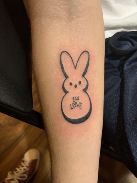 Peep Tattoo, Couple Tattoos Unique Meaningful, Horse Shoe Tattoo, Rose Hand Tattoo, Tribute Tattoos, Marshmallow Peeps, Bunny Tattoos, Back Of Shoulder Tattoo, Matching Couple Tattoos