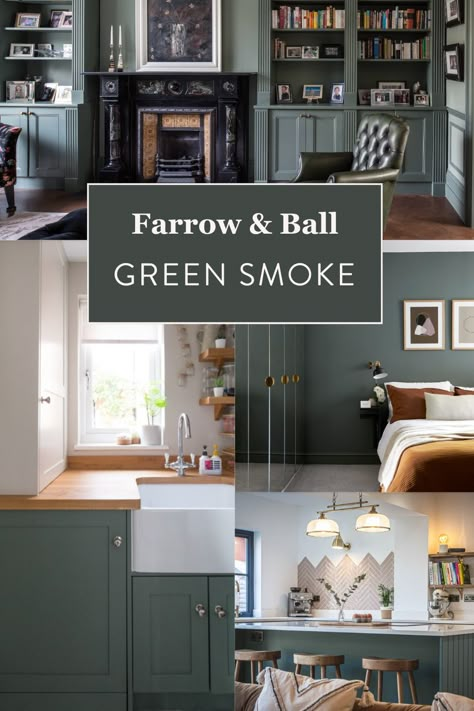 Farrow and Ball colors are so classic and have a historic element that makes them feel timeless. Also, we live in the future where we can get almost any color mixed into our local hardware store paint so why not check out all of the options? Farrow and Ball Green Smoke is a color that came up again and again while I was researching the best green paint colors. It is inspired by a color that was popular in the late 19th century. It’s a deep, rich color that is ideal for interiors that want a moody yet calm and serene feel. In this post, we’re exploring Farrow & Ball’s popular gray-green paint color, Green Smoke No. 47 Farrow And Ball Card Room Green Living Room, Steaming Green Frenchic Paint, Green Spare Bedroom Ideas, Farrow And Ball Colour Schemes Green, Farrow And Ball Green Living Room, Cardroom Green Farrow Ball, Multi Purpose Spare Room, Calke Green Farrow And Ball, Farrow And Ball Green Paint