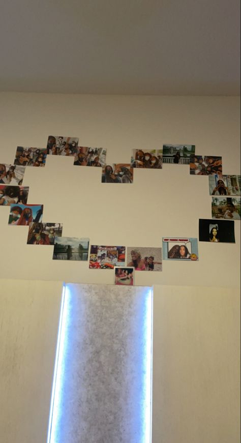 Photos Wall Collage, Pics In Heart Shape On Wall, Friend Photo Wall Collage Bedroom, Heart Shaped Polaroid Wall, Picture Wall Heart Shape, Wall Montage, Photos On Wall, Photo Wall Collage Heart Shape, Wall Collage Pictures