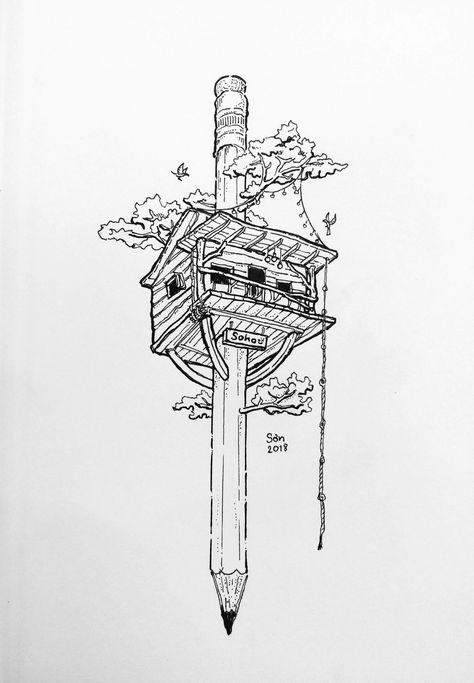 Tree House Floating Tree Drawing, Tree House Tattoo Design, Tree House Art Drawing, Floating House Drawing, Black Tree Drawing, Isometric Tattoo, Tree House Tattoo, Treehouse Tattoo, Tree House Sketch