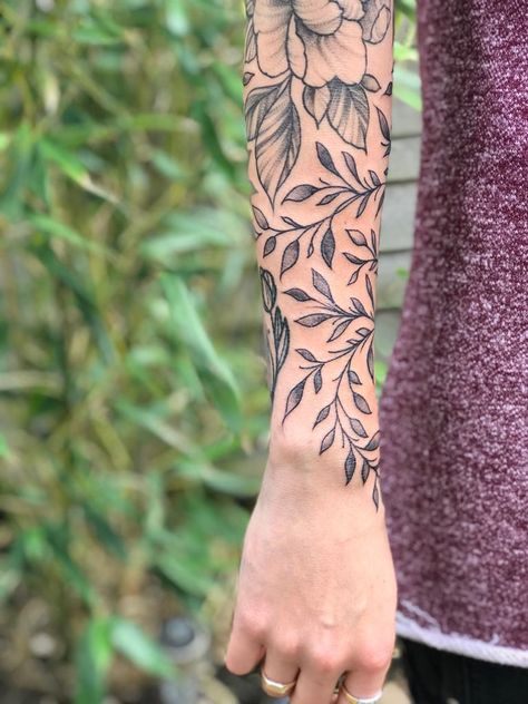 Vine Tattoos Sleeve Filler, Greenery Filler Tattoo, Vines And Flowers Tattoo Sleeve, Black And Grey Vine Tattoo, Vine Work Tattoo, Vine Filler Tattoo Ideas, Flower Vine Sleeve Tattoo, Vine Tattoo Filler Ideas, Foliage Sleeve Tattoo