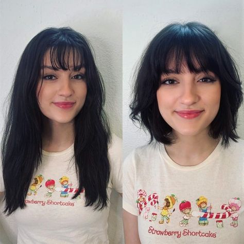 Bob Hair With Wispy Bangs, French Bob Black Hair, Short Black Hair With Bangs Round Faces, Black Hair Bob With Bangs, Short Black Bob With Bangs, Straight Hair Bob With Bangs, Blonde Short Hair Bangs, Bob With Bangs Black Hair, Black Bob With Bangs