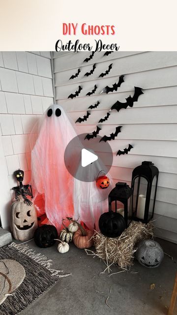 Cherish Larsen - Seasonal/Holiday Favorites! on Instagram: "Mommy & Me Outdoor Ghosts 👻👻

I love how these turned out! I used the simple tomato cage method for the mommy ghost, except I like to layer with cheese cloth (aka creepy cloth) and top with tulle! 

For the little ghost, I used a metal paper towel stand, and then placed it on a plant stand with zip ties. 

The little ghost I tore apart and used the pieces for the arms ,arms & head for little one) are also from Dollar Tree! I will get all the supplies linked in my LTK shop. Materials, lights, etc… including my outfit! My LTk shop link is in my bio.

Happy Spooky Season 🖤👻🎃" Cherish Larsen, Outdoor Ghosts, Happy Spooky Season, Bio Happy, Ghost Diy, Towel Stand, Little Ghost, Tomato Cages, Zip Ties