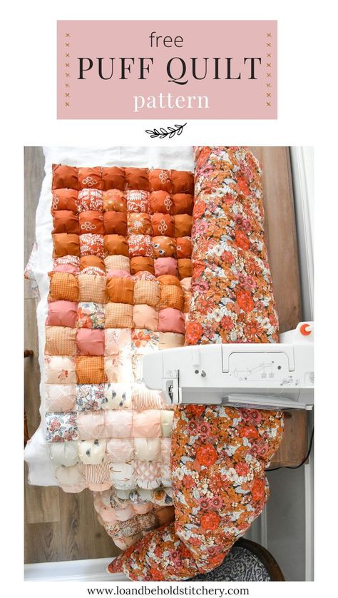 How To Make A Puff Quilt For Beginners, What To Make With Fat Quarters, Puff Quilts Ideas, Puff Quilts For Beginners, Blanket Patterns Sewing, How To Make A Quilt, Biscuit Quilt Pattern, Diy Puff Quilt, Ombre Puff Quilt